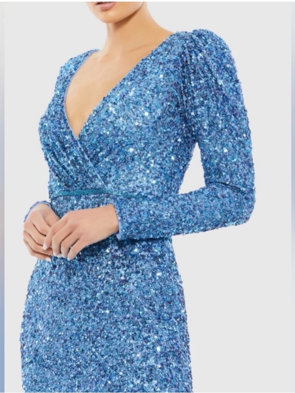 Mac Duggal Blue Sequin Long Sleeve V-Neck Gown - Picture 2 of 8